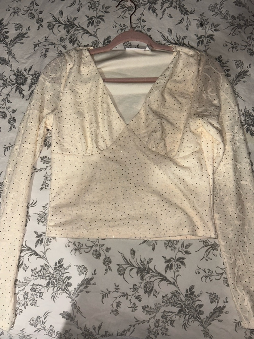 Willow Cream Long-Sleeve V-Neck Wrap Crop Top with Dotted Detail